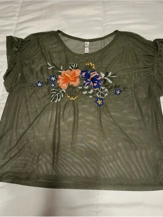 Boho olive green sheer top with embroidery S festival Coachella retro y2k - Picture 2 of 5
